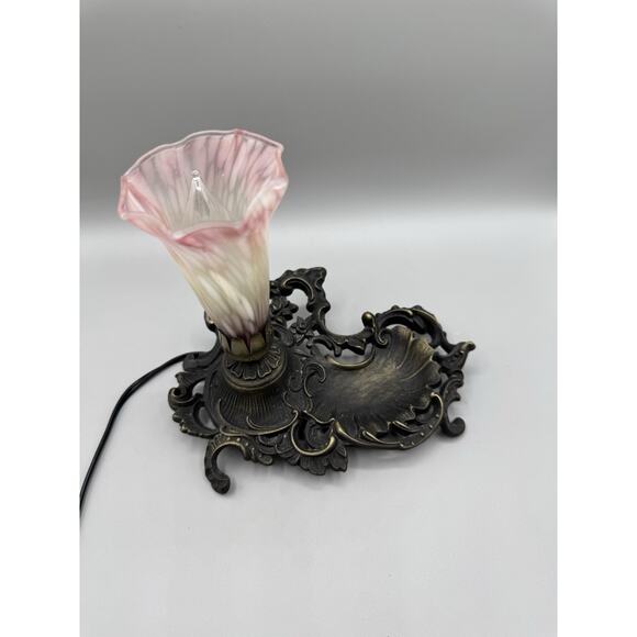 Meyda Tiffany Style Lily Tulip Pink Glass Flower Metal Lamp Trinket Tray Tested - Picture 1 of 9